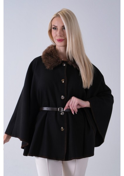 Kahve Yakası Kürklü Dikiş Detaylı Kemerli Panço 47122731.05 fiyatları