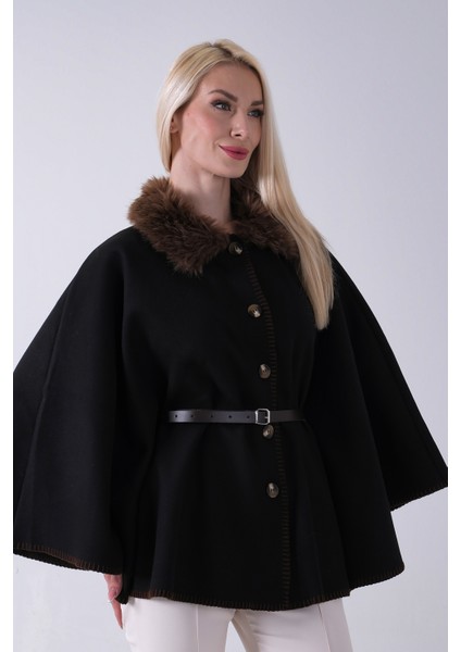 Kahve Yakası Kürklü Dikiş Detaylı Kemerli Panço 47122731.05 modelleri