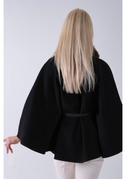 Kahve Yakası Kürklü Dikiş Detaylı Kemerli Panço 47122731.05