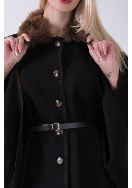 Kahve Yakası Kürklü Dikiş Detaylı Kemerli Panço 47122731.05