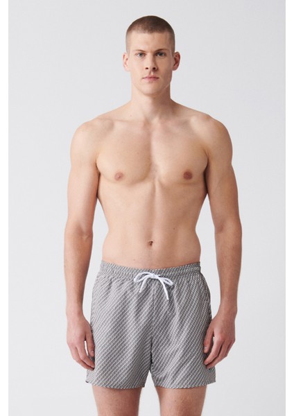 Erkek Gri-Beyaz Baskılı Deniz Şortu E003802