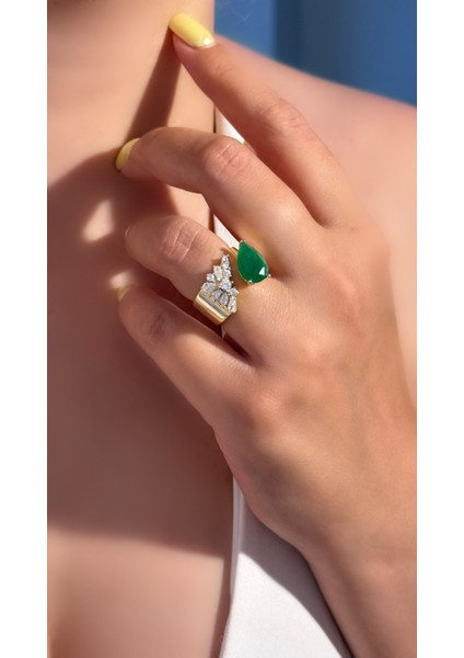 Altın Kaplama Ayarlanabilir Mix Taşlı Zümrüt Paraiba Renk Damla Form Yüzük 925 Ayar Gümüş
