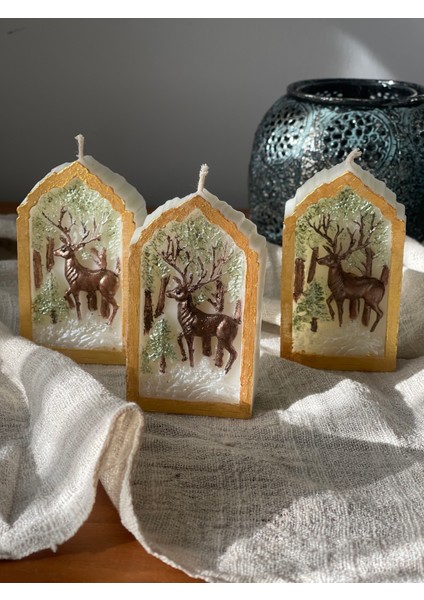 El Yapımı Geyik Temalı Dekoratif Mum – Kış & Yılbaşı Konseptli, 3’lü Set