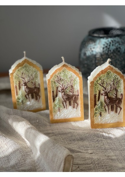 El Yapımı Geyik Temalı Dekoratif Mum – Kış & Yılbaşı Konseptli, 3’lü Set fiyatları