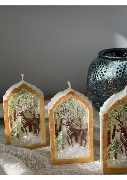 El Yapımı Geyik Temalı Dekoratif Mum – Kış & Yılbaşı Konseptli, 3’lü Set modelleri
