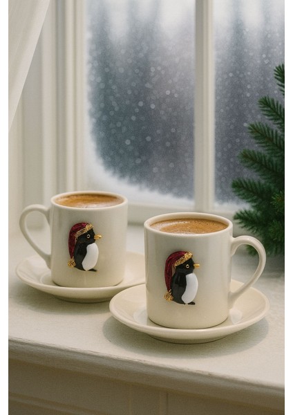 Yeni Yıl Özel 2'li Porselen Kupa Fincan Takımı | Altın Penguen Detaylı Altlıklı