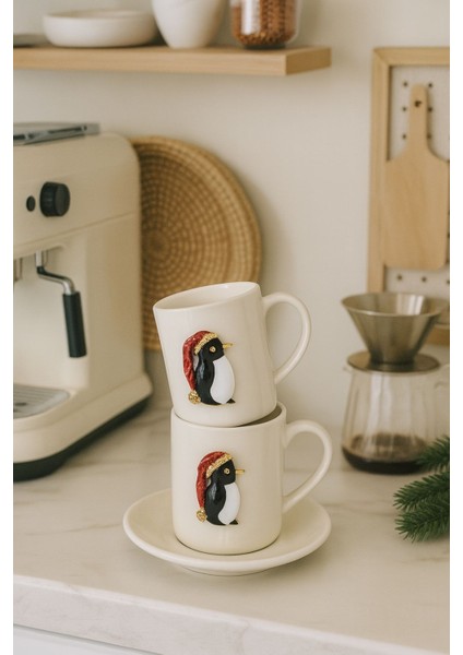 Yeni Yıl Özel 2'li Porselen Kupa Fincan Takımı | Altın Penguen Detaylı Altlıklı fiyatları