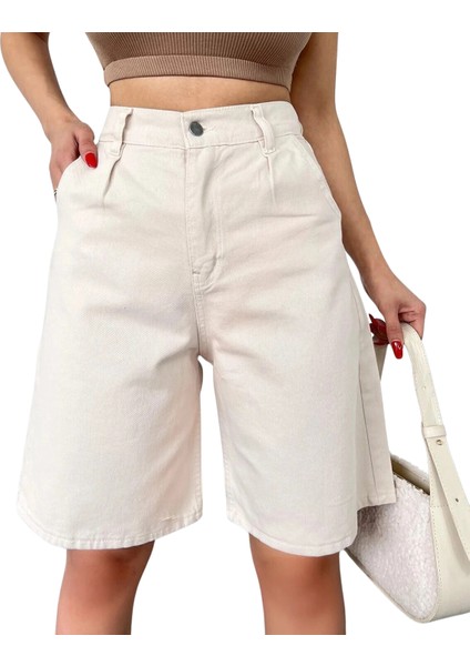Rahat Kesim Denim Şort Cepli̇-Krem fiyatları
