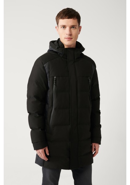 Erkek Siyah Çıkma Kapüşonlu Kuş Tüyü Dolgulu Su İtici Kumaşlı Mont A32Y6044