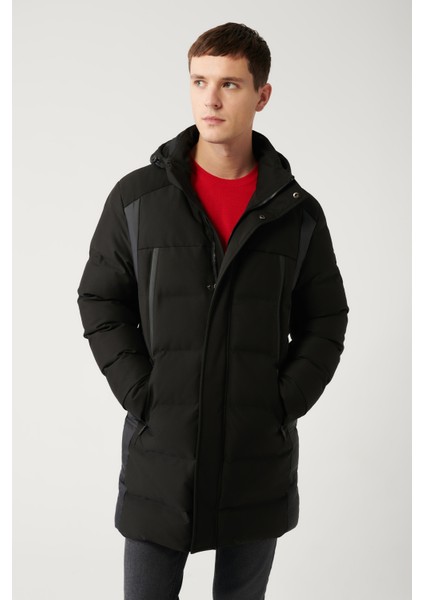 Erkek Siyah Çıkma Kapüşonlu Kuş Tüyü Dolgulu Su İtici Kumaşlı Mont A32Y6044
