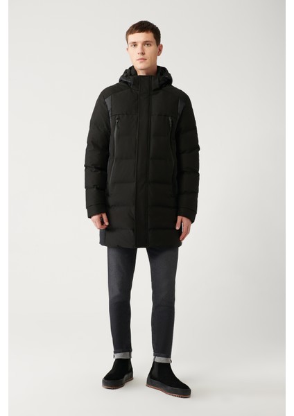 Erkek Siyah Çıkma Kapüşonlu Kuş Tüyü Dolgulu Su İtici Kumaşlı Mont A32Y6044