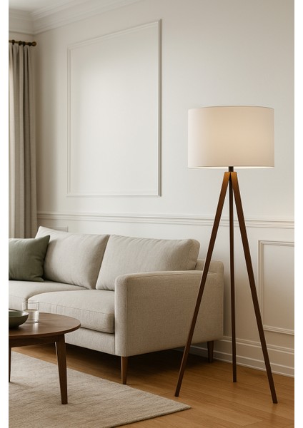 Ahşap Üç Ayaklı Kumaş Başlıklı Lambader – Modern Tripod Salon & Oturma Odası Aydınlatma Lambası