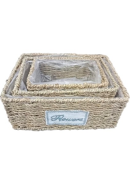 Dikdörtgen Doğal Hasır Saksı Seti - 3&apos;lü