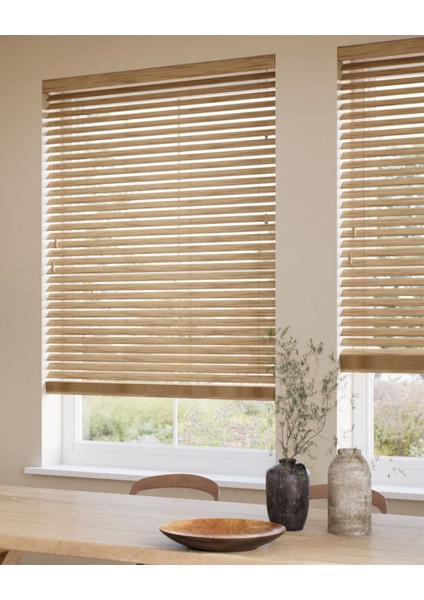 Wooden Blinds Doğal Ahşap Jaluzi Perde 50 mm,Alüminyum Kasalı - Cappuccino Meşe Kurdelasız