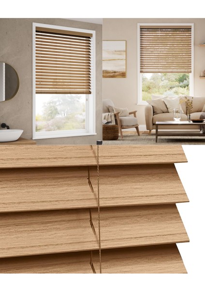Wooden Blinds Doğal Ahşap Jaluzi Perde 50 mm,Alüminyum Kasalı - Cappuccino Meşe Kurdelasız