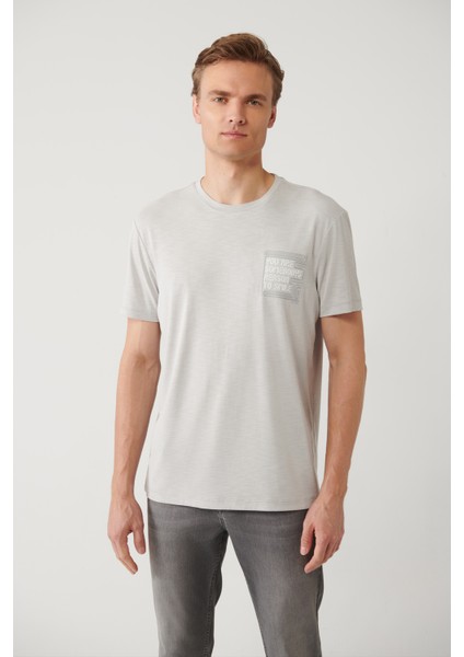 Erkek Gri Bisiklet Yaka Baskılı Soft Touch Regular Fit T-Shirt A41Y1136