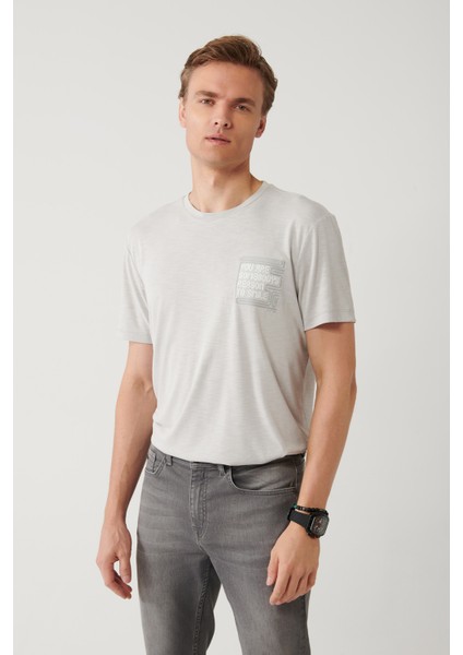 Erkek Gri Bisiklet Yaka Baskılı Soft Touch Regular Fit T-Shirt A41Y1136