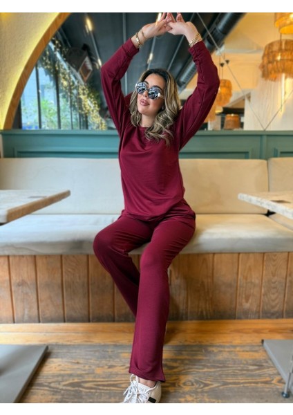 Kadın Uzun Kollu Bisiklet Yaka Viskon Iki Iplik Bluz ve Pantolon Ikili Takım modelleri