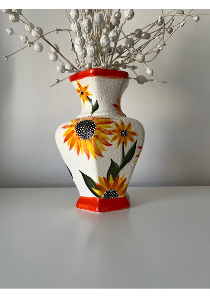 El Yapımı Günebakan (Ayçiçeği) Desenli Seramik Vazo 24 cm (Sıraltı Elişçiliği-Renk Seramik) fiyatları