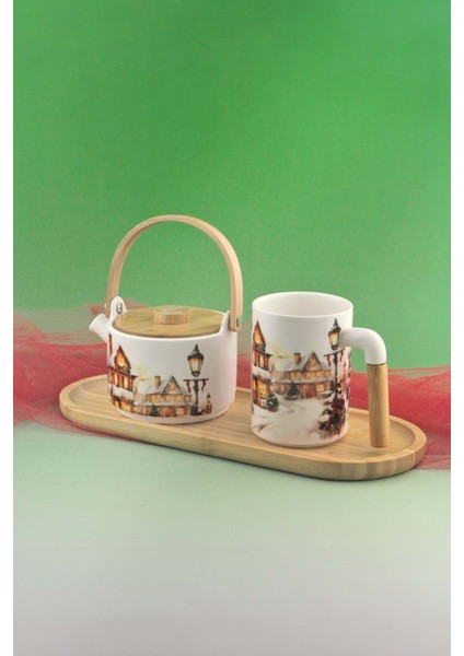 Christmas Village Bambu Tepsili Porselen Çay Demlik Seti