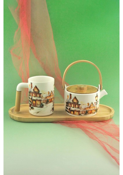 Christmas Village Bambu Tepsili Porselen Çay Demlik Seti fiyatları