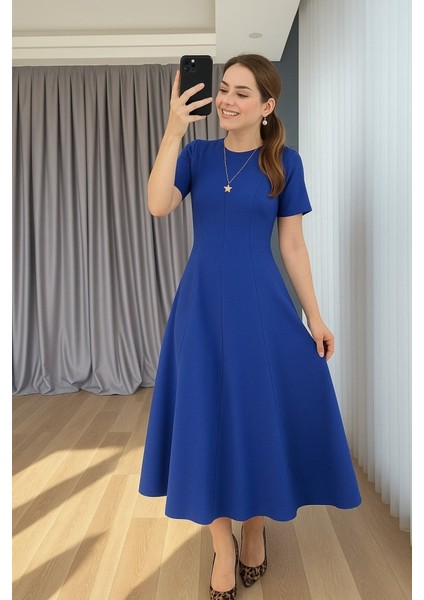 Kadın Kısa Kollu Bisiklet Yaka Maksi Boy Ithal Krep Elbise modelleri