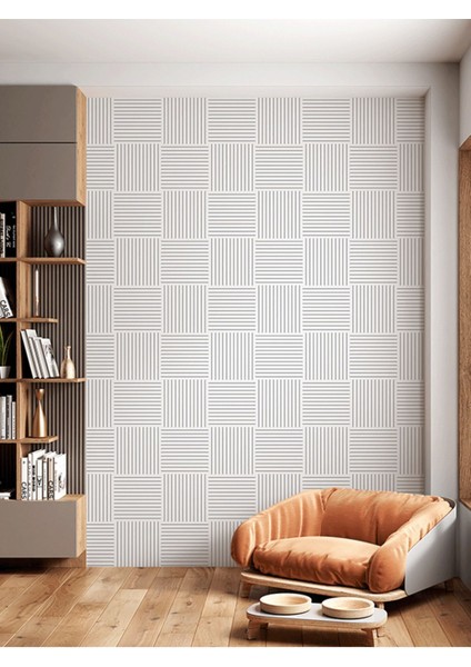 Beyaz Geometrik Desenli Isı ve Ses Yalıtımlı Sağlıklı Tekstil Duvar Kağıdı