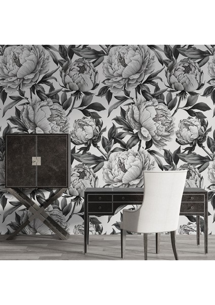 Siyah Beyaz Güller Tek Parça Duvar Kağıdı -Isı ve Ses Yalıtımı Yırtılmaz