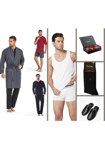 5 Li Çeyiz Paketi Robdöşambr Atlet Boxer Takım Çorap ve 2 Li Kemer Cüzdan Set Lacivert