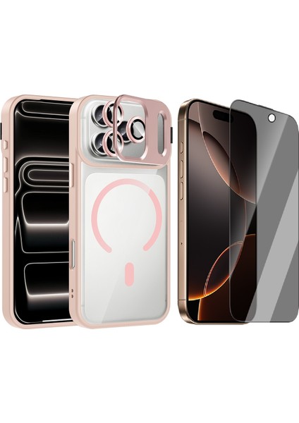 iPhone 17 Pro Kılıf Standlı ve Kamera Lens Hediyeli M-Safe Şarj Özellikli Zore Etro Kapak + Hayalet Ekran Koruyucu