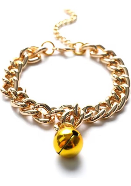 Altın Renkli Zincirli Kedi & Küçük Irk Köpek Tasması – 26 cm | Şık Metal Çıngıraklı Aksesuar