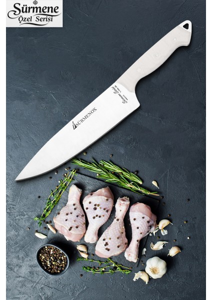 Sürmene Serisi Sivri Mutfak Şef Bıçak Et Ekmek Sebze Salata Şef Bıçağı Beyaz Verzalit Sap HDS-159
