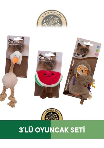 Catnipli Peluş Tavuk-Hışırtılı Peluş Karpuz-Tembel Hayvan Oyuncak 3'lü Set