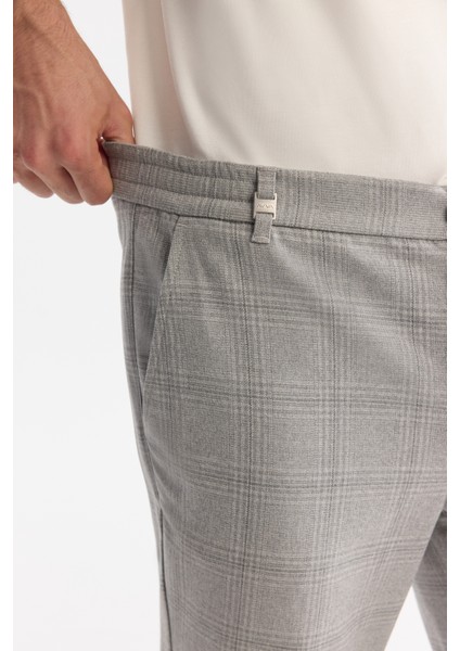 Erkek Gri Yanları Lastikli Ekose Duble Paça Elastan Slim Fit Pantolon A42Y3022