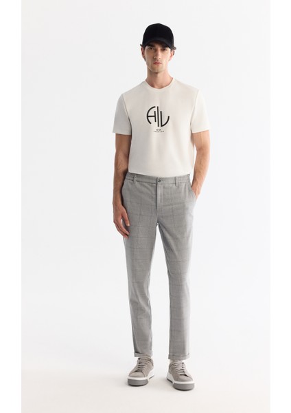 Erkek Gri Yanları Lastikli Ekose Duble Paça Elastan Slim Fit Pantolon A42Y3022