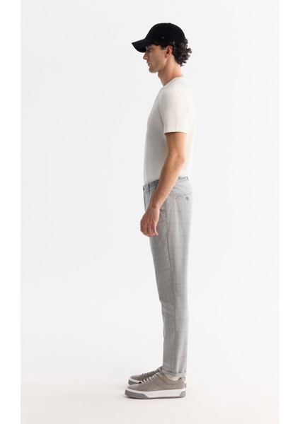 Erkek Gri Yanları Lastikli Ekose Duble Paça Elastan Slim Fit Pantolon A42Y3022