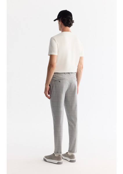 Erkek Gri Yanları Lastikli Ekose Duble Paça Elastan Slim Fit Pantolon A42Y3022