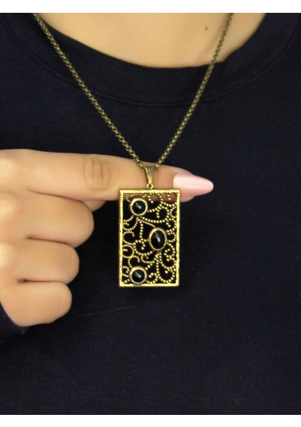 Doğal Taş Oniks 3'lü Doğal Taşlı Antik Kadın Kolye EUK45O