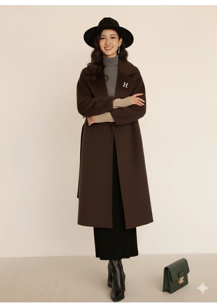 Kadın Siyah Kaşe Uzun Kaban Maksi Boy Palto Geniş Yakalı Düz ​​kesim Kışlık