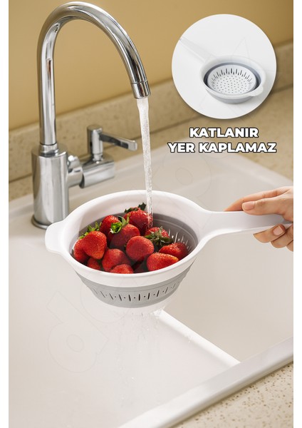 Yer Kaplamaz Katlanabilir Saplı Süzgeç - Akordiyon - Katlanır Süzgeç - Pirinç Meyve Yıkama Süzgeci