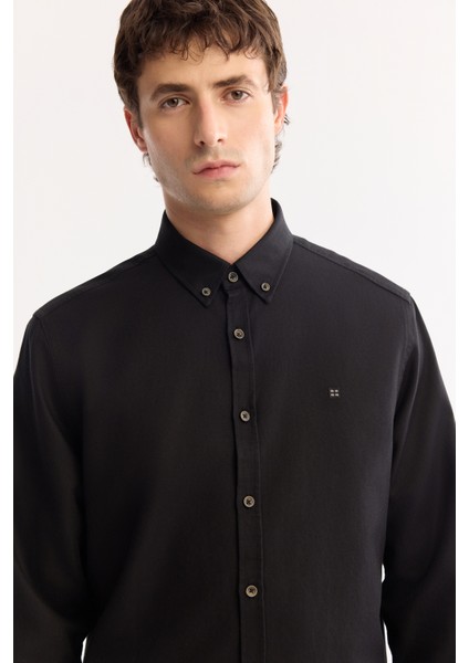 Erkek Siyah Düğmeli Yaka Pamuklu Soft Touch Regular Fit Gömlek B002036