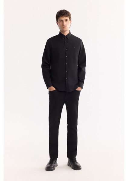 Erkek Siyah Düğmeli Yaka Pamuklu Soft Touch Regular Fit Gömlek B002036
