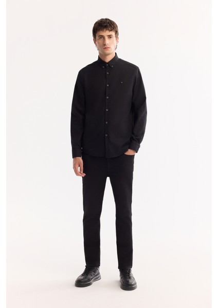 Erkek Siyah Düğmeli Yaka Pamuklu Soft Touch Regular Fit Gömlek B002036