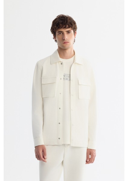 Erkek Beyaz Klasik Yaka Pamuklu Jersey Comfort Fit Gömlek Ceket A42Y2092