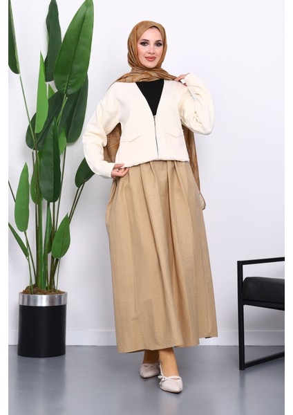 Krem Çift Cepli Fermuarlı Triko Hırka fiyatları