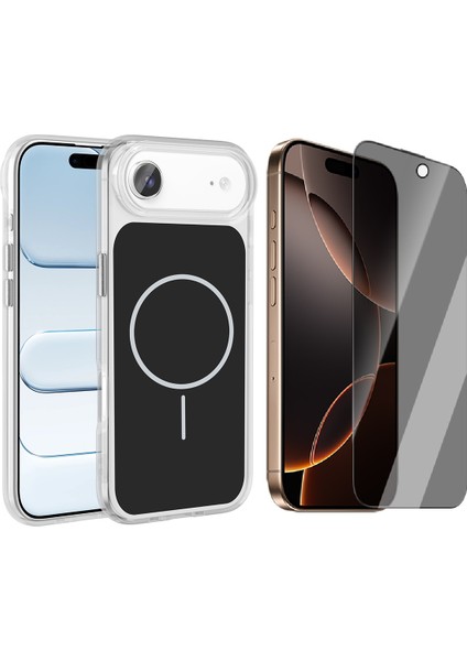 Apple iPhone 17 Air Kılıf M-Safe Şarj Özellikli Metal Buton Tasarımlı Zore Ikonik Sert Silikon Kapak + Hayalet Ekran Koruyucu