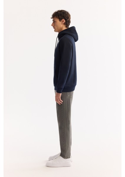 Erkek Lacivert Şardonlu Kumaş Bisiklet Yaka Basic Sweatshirt E001018