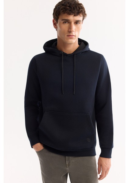 Erkek Lacivert Şardonlu Kumaş Bisiklet Yaka Basic Sweatshirt E001018