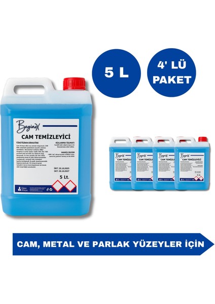 Cam Temizleyici 5 Litre İz Bırakmadan Parlak Temizlik (4’lü Avantaj Paket)
