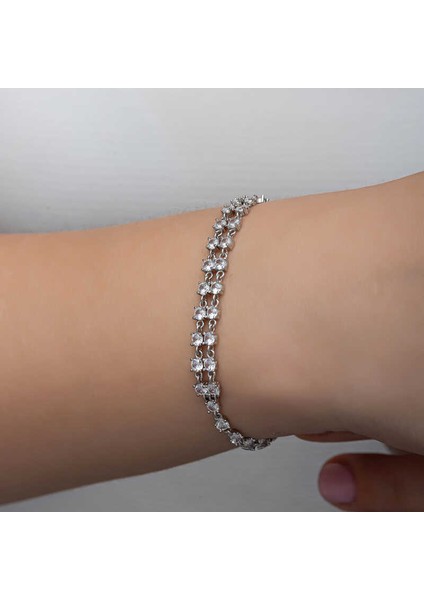 925 Ayar Gümüş Zirkon Taşlı Çift Sıra Kadın Bileklik T8370 (800800) fırsatları